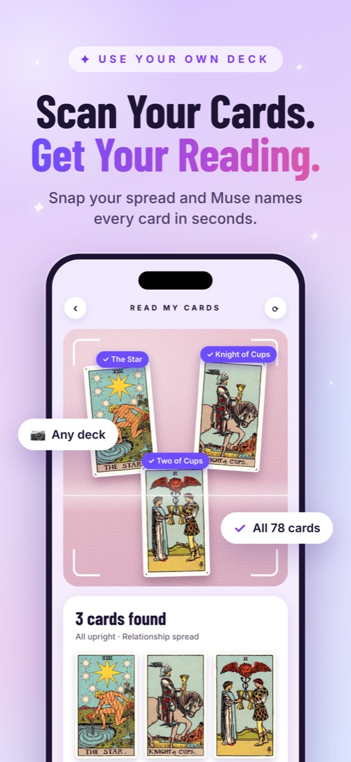 A photo of three tarot cards, each one named by the app